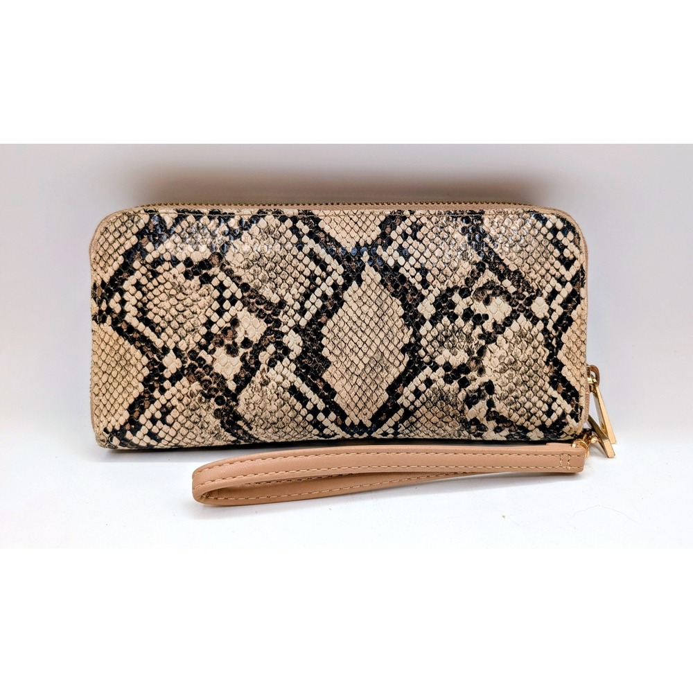 A New Day Snakeskin Print Double Zip Wristlet Wallet Tan Black